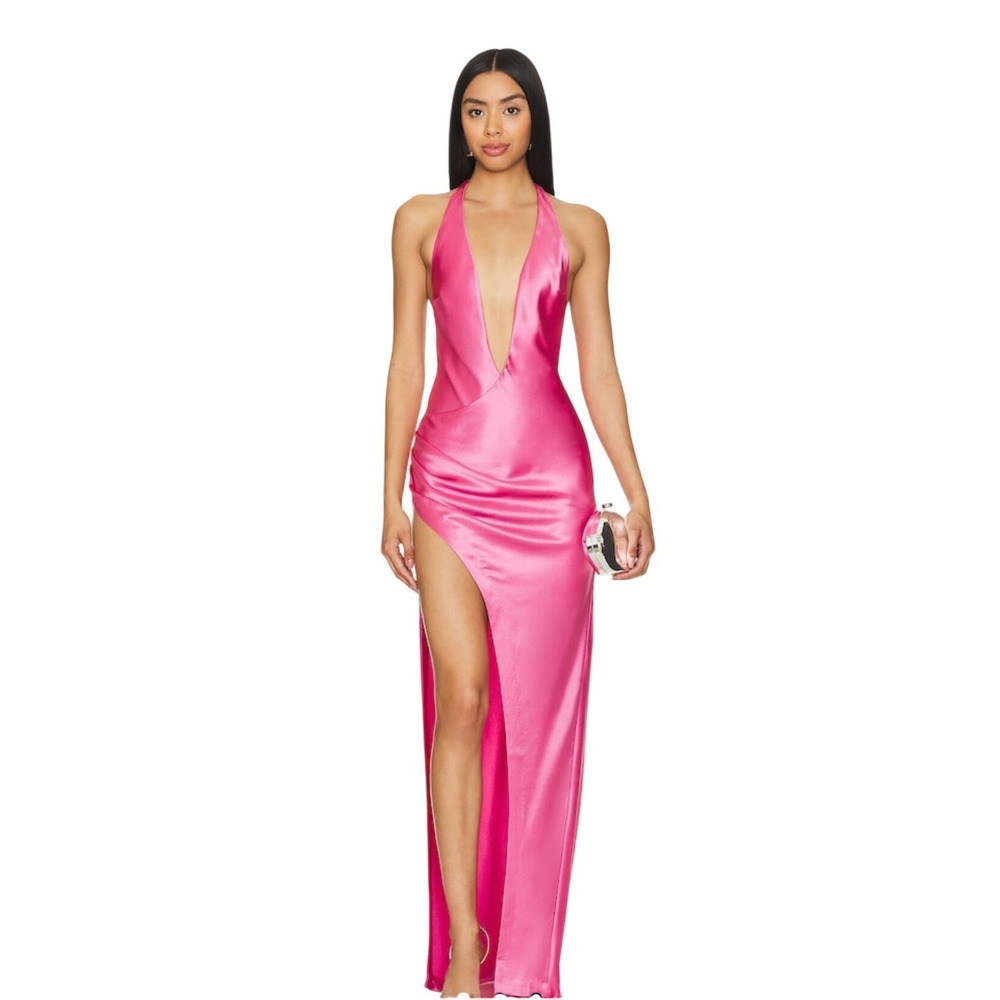 Retrofete Valeria Dress Size M NWT Candy Pink Satin Halter Deep V Statement Glam